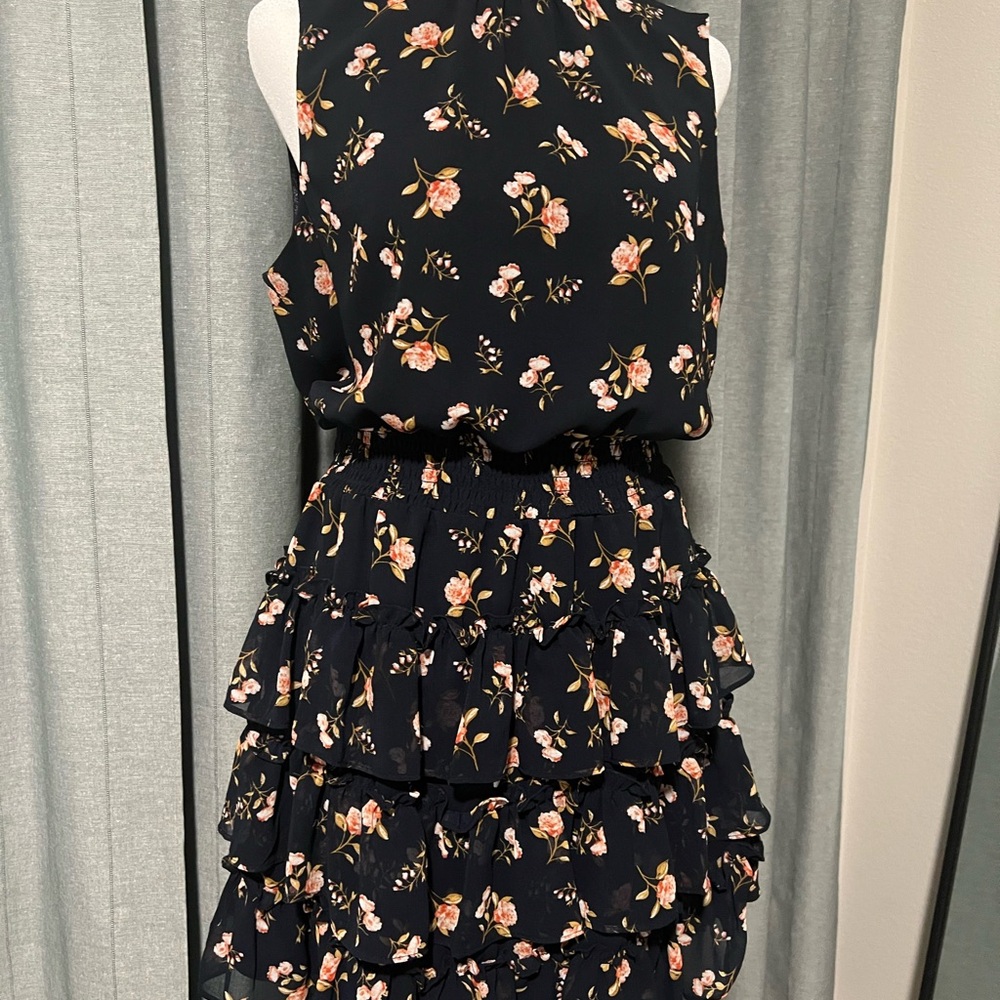 Chic Floral Black Ruffle Mini Dress